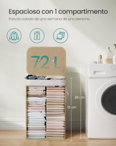 Cesto de la Ropa Sucia con Tapa, 72 L, Cesta de Lavandería de Bambú, Plegable, con Bolsa Lavable Extraíble, Asas, para Lavandería, Dormitorio, Natural LCB10Y