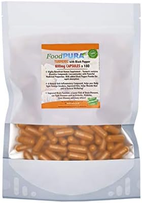 FoodPURA Turmeric Curcumin PLUS Organic Black Pepper 600mg Capsules x 180 Easy to Swallow Non GMO Vegan Capsules