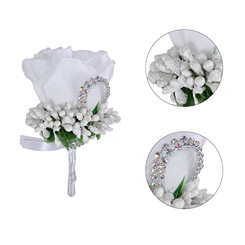 YSUCAU Rose Boutonniere Handmade Corsage Classic Artificial Groom Flowers Brooch with Pin for Wedding Prom Party (White)