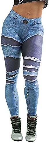 Saymi Jeans Print High Waisted Yoga Pants for Women, Tummy Control Workout Ruched Butt Lifting Stretchy Leggings