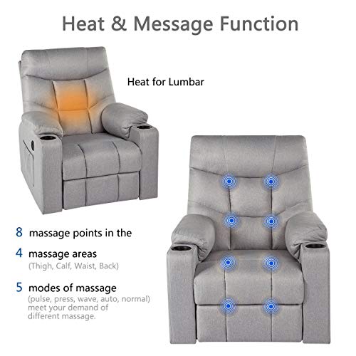 YODOLLA Electric Power Recliner Chair, Recliner Sofa with Massage & Heat Function, Lazy Boy Recliner Chair with Side Pockets and Cup Holder, USB Ports, Gray