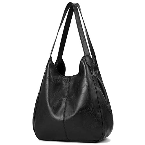 Shoulder Bags for Women Soft Leather Hobo Bags 3 Compartment Large Capacity Handbag Multiple Pocket Tote Bag,Black