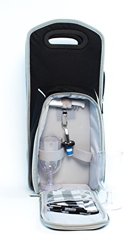 Wine Carrier Tote Bag - 7 Pcs Insulated Wine Bottle Holder or Wine Case Picnic Set (Black/Grey) - Thumbnail 2