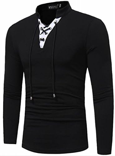 xtsrkbg Men's Stylish Solid Long Sleeve Pullover Lace-up V Neck Shirt Top Black M
