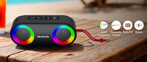 Aiwa Bocina Bluetooth Portátil 20W RMS con Luces LED, Bluetooth 5.3, Sonido Estéreo TWS, Resistente al Agua IPX5, Radio FM, Entradas USB, AUX y TF, Batería 3000 mAh, Ligera y Compacta Color Negro