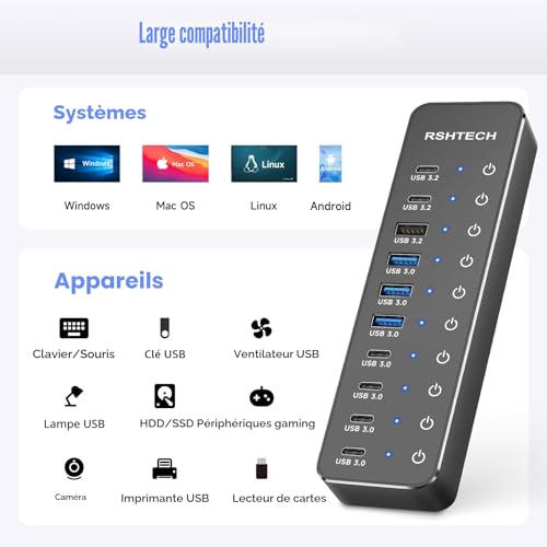 USB Powered Hub, RSHTECH USB 3.2/USB-C 10 Ports Hub with 3X 10Gbps Data Port (2C+1A), 7X 5Gbps 3.0 Ports (4C+3A), 12V/5A 60W Power Supply, Individual Touch Switches USB Hub, RSH-ST10C-6