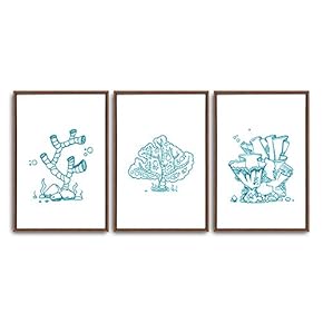 3 Piece Framed Canvas Wall Art Simple Seabed Elements Canvas Prints Home Artwork Decoration for Living Room,Bedroom - 16"x24"x3 Panels