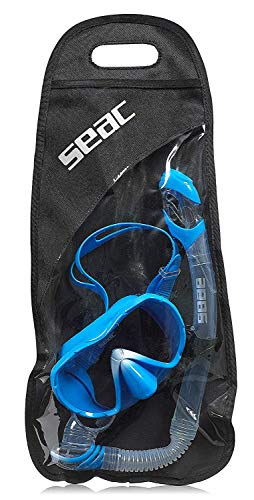 SEAC Frameless Snorkel Set for Men and Women | Comfortable Adjustable, Frameless Mask Made from Clear Tempered Glass | Dry Snorkel with Bottom Purge Valve | Snorkeling and Freediving Gear - Blue