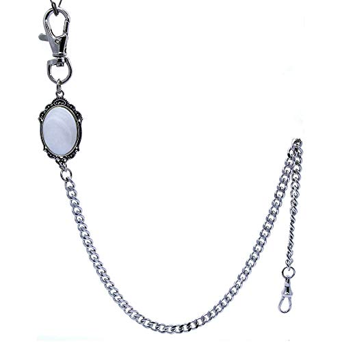 watchvshop Pocket Watch Chain Silver Color Albert Chain for Men with Real Mother of Pearl Charm Fob and Large Lobster Clasp Swivel Clasp ACF170A