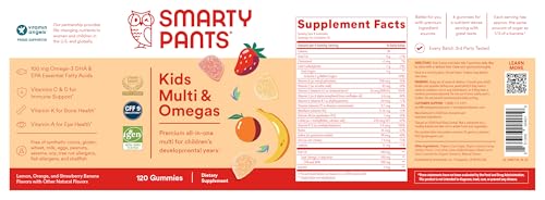 SMARTYPANTS KIDS MULTIVITAMIN GUMMIES: OMEGA 3 FISH OIL (EPA/DHA), VITAMIN D3, C, VITAMIN B12, B6, A, K & ZINC FOR IMMUNE SUPPORT, BIOTIN, GLUTEN FREE, THREE FRUIT FLAVORS, 120 COUNT (30 DAY SUPPLY)