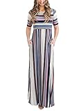 Bdcoco Women's Short Sleeve Striped Loose Casual High Waist Maxi Long Dress Blue Medium