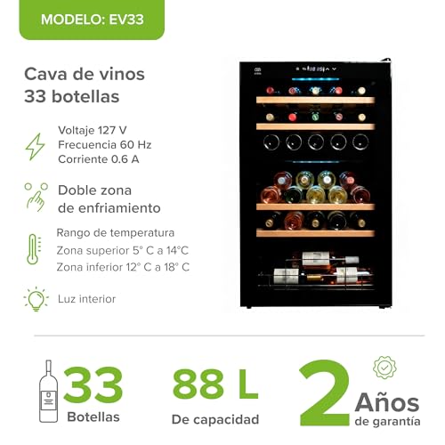 AVERA Cava de vinos para 33 botellas, Capacidad 88 L, Doble zona de enfriamiento, Temperatura 5 a 18°C, Panel de control táctil, Luz LED, Bloqueo automático, Enfriamiento por compresor | EV33