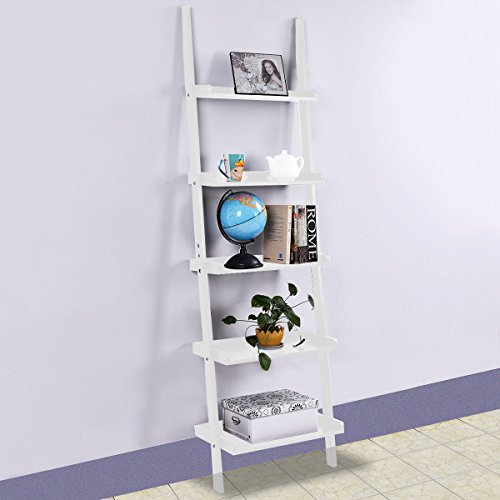 image for Alitop White 5-Tier Bookshelf Leaning Ladder Wall Shelf Bookcase Stora