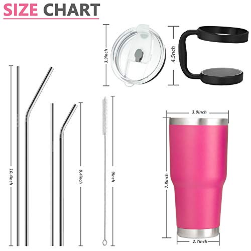 30oz Tumbler, 2 Packs Stainless Steel Double Wall Vacuum Insulated Tumbler Travel Mug With 8Pcs Reusable Straw, 2Pcs Slider Lid, 2Pcs Cleaning Brush, 2Pcs Handles (Black + Rose)