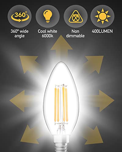 tuare E14 LED Light Bulb, 4W 400 Lumens E14 LED Light Bulb Cool White 6000K, 40W Equivalent SES Small Edison Screw Light Bulbs, CRI 80 Candle Bulb, Non Dimmable - Pack of 6