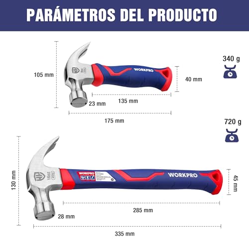 WORKPRO 2 Piece Carpenter's Hammer, Nail Hammer 720g and 340g, Claw Hammer with Ergonomic Non-Slip Handle, for Woodworking, DIY and Wood Repairs