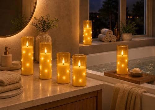 5 Candele LED Champagne con Luci Fatate Avvolgenti, Copertura Vetro Trasparente, Fiamma Tremolante Realistica, Resistenti al Caldo, 1 Telecomando per Decorazioni Interno ed Esterno