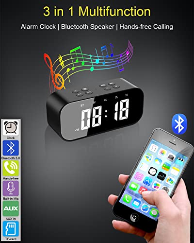 AFK Alarm Clock for Bedroom/Office,Digital Clock with Bluetooth Speaker,Small Alarm Clock for Heavy Sleepers Adults/Teens with Dual Alarms,Mirror LED Display,Hands-Free Calling.(12H Format,Upgraded)