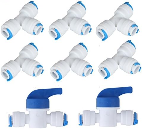 1/4" 3-way Union Tee Quick Connect Push Fit RO Water Reverse Osmosis Filter (Set of 8) (1/4" 6T+2valve)