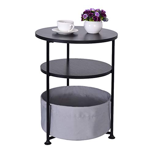 Hisoul Double/Three Layer Round Wood Side Table with Fabric Storage Basket, Multi-Purpose Small Simple Coffee Table for Home and Office (♥ Black, L-Size:16.14×20.87×16.14 Inch) - Thumbnail 7
