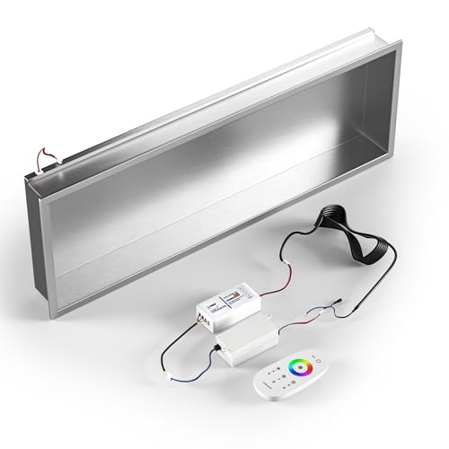 Bernkot Wall Mounted Shower Stainless Steel RGB LED Wall Mounted Niche with Remote Control 90cm x 30cm Silver