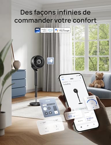 DREO Smart Pedestal Fan for Bedroom, 3D Oscillation 150°+100°, CirculAir Range 36.6m, Silent DC Motor, 12 Speed, 6 Modes, 20 dB, Remote Control, Timer 12 Hours