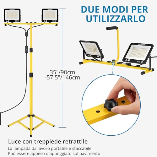 AUTOUTLET Construction Site Spotlight with Extendable Tripod, 2x 100W 19000LM Rechargeable LED Headlight with 3 Colour Temperatures and 5 M Power Cable, IP66 Waterproof, for Garage Workshop and Outdoor