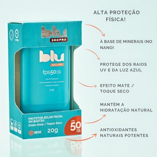 Protetor Solar Blu 360pro Bastão Bege FPS 50 Esporte, ideal para surf 20g e esportes aquáticos, proteção resistente ao suor, prática aplicação UVA UVB diária.