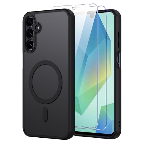 Oelrstfe Case for Samsung Galaxy A16 4G/5G Compatible with MagSafe with 2 Tempered Glass, Magnetic Translucent Matte Back Cover, Ultra Thin Shockproof Lens Protection Case, Black