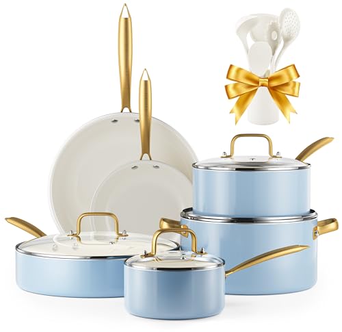 Ceramic Pots and Pans Set - Non Toxic Cookware Set with Cooking Utensils Set, Kitchen Cookware Sets Dutch Oven Pot Saucepan Set Sauté Pan Frying Pan Set for Cooking Pot Gold Kitchenware Gift