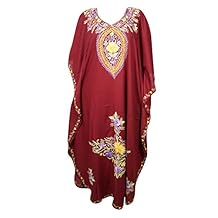Mogul Interior Womens Caftan Maxi Dress Maroon Embroidered Resort Wear One Size