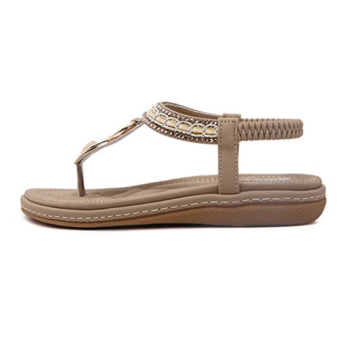 DolphinGirl Bohemian Summer Vacation Flat Thong Sandals, Nude Open Toe Glitter Rhinestone Shiny Golden Metal Shoes for Dressy Casual Jeans Daily Wear and Beach Vacation
