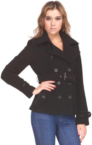 ZAREEN Women's Short Wool Blend Coat With Trench Style (Medium, Black)