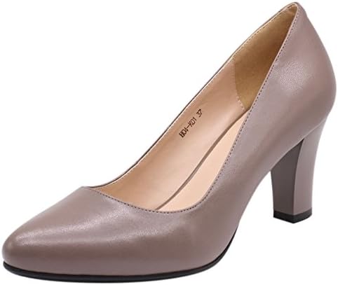 Jaro Vega Women's Soft Goatskin Genuine Leather Pumps Slender Block Heel Closed Almond Toe Dress Shoes Taupe Size 7.5