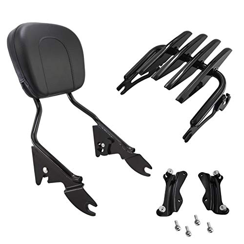 Detachable Gloss Black Triple Polished Passenger Sissy Bar W/Backrest Pad & Stealth Luggage Rack & 4 Point Docking Hardware Kit for Harley Davidson Touring Electra Glide Road Glide Road King Street G