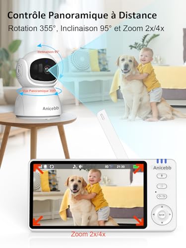 Babyphone Caméra Vidéo 5" HD sans WiFi, Surveillance Bébé PTZ 355° Zoom 4X, Portée 300m, Mode VOX 100 H Autonomie, Vision Nocturne, Audio Bidirectionnel, Alertes Température et Pleurs