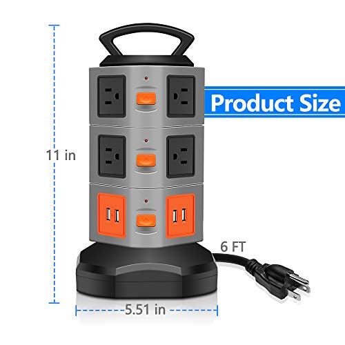 Power Strip Tower, Costech 10 Outlets Surge Overload Protector; Multi Plug Extender with 4 USB Charging Port & 6FT Stretch Extension Cord - Thumbnail 5