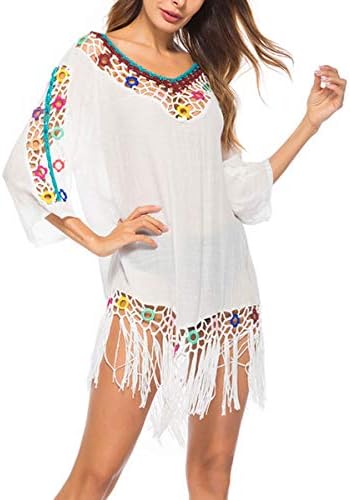 Women's Swimsuit Cover Ups Tassel Crochet Beach Dress Bohemian Bathing Suit Coverups
