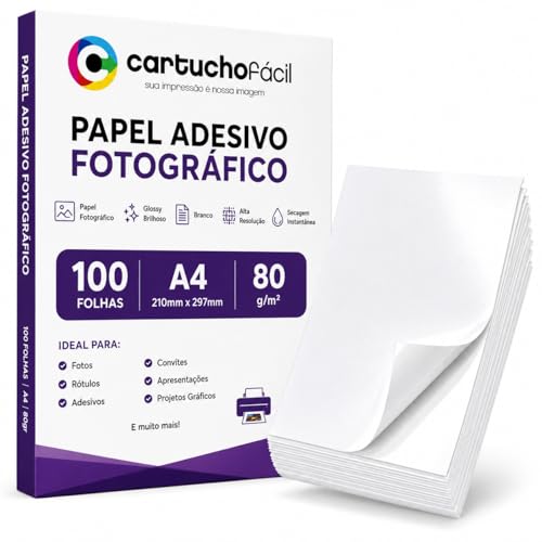 Papel Adesivo Fotográfico A4 Glossy 80g 100 Folhas Branco Alta Resolução Secagem Instantânea