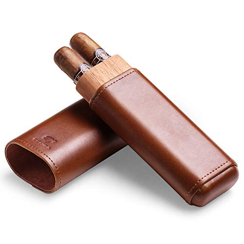 Brown Genuine Leather Cedar Wood Lined 2 ct Sturdy Cigar Case Travel Holder
