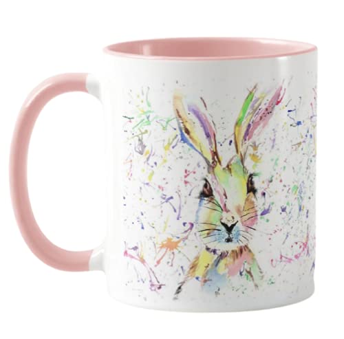 Vixar Hare Bunny Rabbit Watercolour Rainbow Art Coloured Mug Cup, Gift, Birthday, Work, Office, Christmas Tea Coffee (Pink)