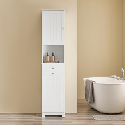 SoBuy Narrow Bathroom Storage Cabinet with Laundry Hamper, Slim Tall Freestanding Bathroom Cabinet with Drawer, Open Shelf & Adjustable Shelf, White BZR216-W