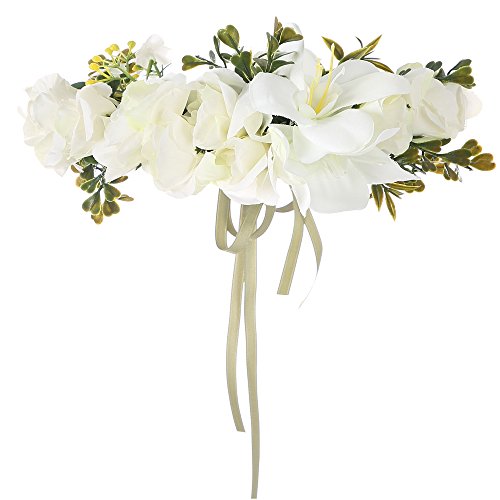 Felice Arts Handmade Boho Flower Headband Hair Wreath Halo Floral Garland Crown Headpiece with Adjustable Ribbon Festival Wedding Party, Cream