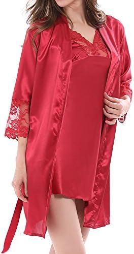 Moonful Womens Satin Sleepwear Set 2 Piece Cami Lace Nightgown and Robe Pajama, Wine Red-XXL