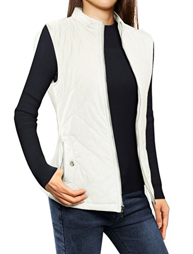 Allegra K Woman Stand Collar Zippered Quilted Padded Vest Ivory XS