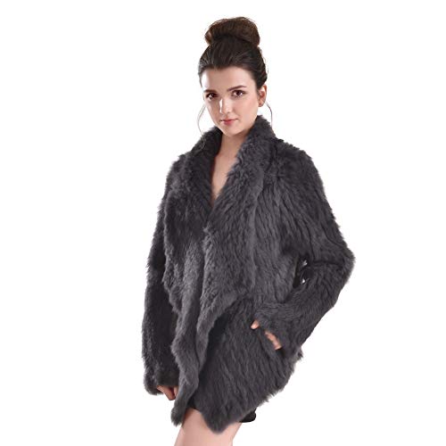 VEMOLLA Women's Genuine Knit Rabbit Fur Coat Jacket Outwear with Pocket