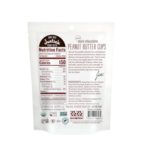 JUSTIN’S, PEANUT BUTTER CUPS DARK CHOCOLATE MINI ORGANIC, 4.7 OUNCE