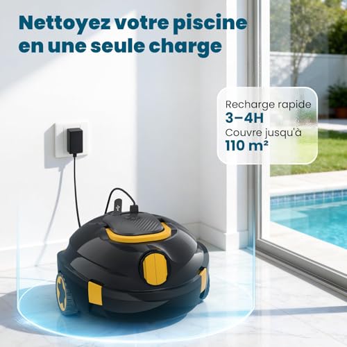 Robot Nettoyeur de Piscine sans Fil | Aspirateur de Piscine Automatique, 120 Min d'autonomie, Auto-Stationnement & Ultra Léger | Robot pour Piscine Hors-Sol ou Enterrée à Fond Plat jusqu'à 110 m²(n)