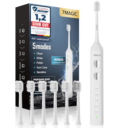 7MAGIC Elektrische Zahnbürste, Schallzahnbürste, 180 Tage Laufzeit, Weiß