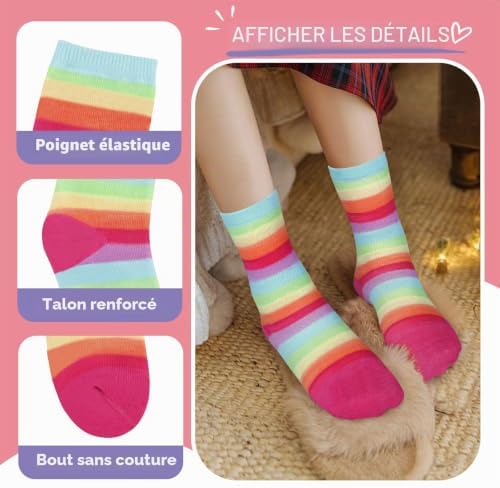 Lot de 6 Paires de Chaussettes Enfants Filles Rayures Colorées Arc-en-ciel Nuages Étoiles Chaussettes Crew Cadeau Doux de 5 à 8 Ans Taille 28-31